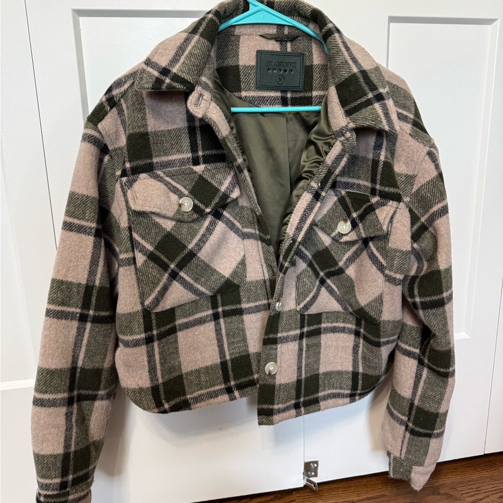 Blank NYC Pink & Olive Plaid Teddy Jacket